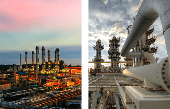 A Collage of an industrial factory and oil industry process plant